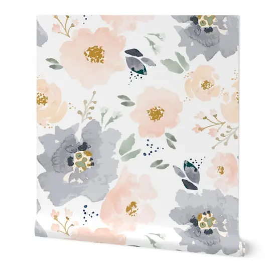 Peel & Stick Wallpaper 2FT Wide Blossoms Navy Bloom Farmhouse Children Custom Removable Wallpaper by Spoonflower {7}