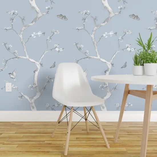 Pre-Pasted Wallpaper 2FT Wide Chinoiserie Large Scale Pastel Blue Victorian Flower Bird Romantic Custom Pre-pasted Wallpaper by Spoonflower {1}