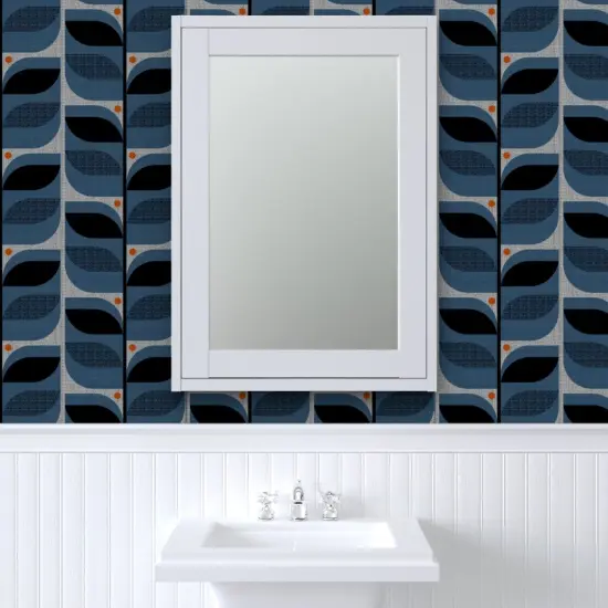 Pre-Pasted Wallpaper 2FT Wide Mod Leaves Faux Textures Look Large Scale Denim Blue Retro Inspired Atomic Era 1950S 1960S Custom Pre-pasted Wallpaper by Spoonflower {6}