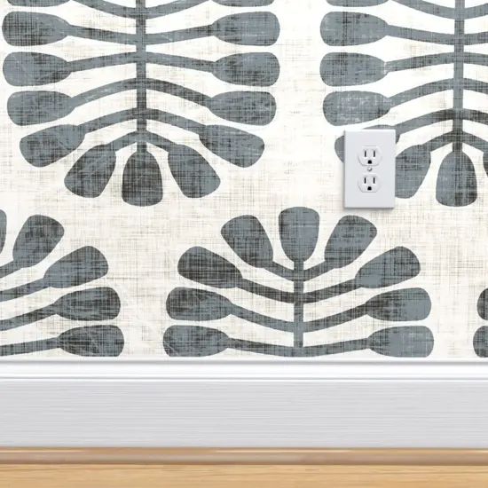Peel & Stick Wallpaper 2FT Wide Mid Century Nature Mod Grey Geometric Faux Linen Look Retro Botanical Custom Removable Wallpaper by Spoonflower {4}
