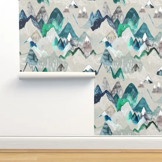 Peel & Stick Wallpaper 2FT Wide Mountain, Call, Adventure, Camping, Rustic, Painting, Watercolour, Forest, Woods, Geometric, Blue, Water Custom Removable Wallpaper by Spoonflower {2}