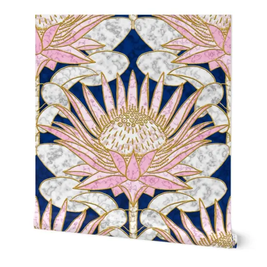 Peel & Stick Wallpaper 2FT Wide Blush Deco Floral Art Large Scale Marble Pink Flower Gold And Lotus William Morris Custom Removable Wallpaper by Spoonflower {7}