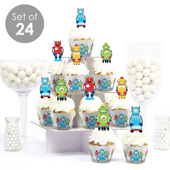 Big Dot of Happiness Gear Up Robots - Cupcake Decoration - Birthday Party or Baby Shower Cupcake Wrappers and Treat Picks Kit - Set of 24 {3}