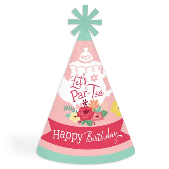 Big Dot of Happiness Floral Let&rsquo;s Par-Tea - Cone Happy Birthday Party Hats for Kids and Adults - Set of 8 (Standard Size) {1}