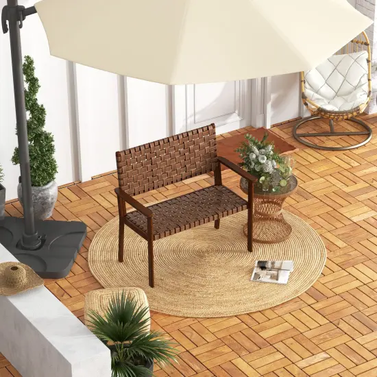 Outdoor All Weather Bench With Solid Rubber Wood Frame And Hand Woven Pu Leather {2}