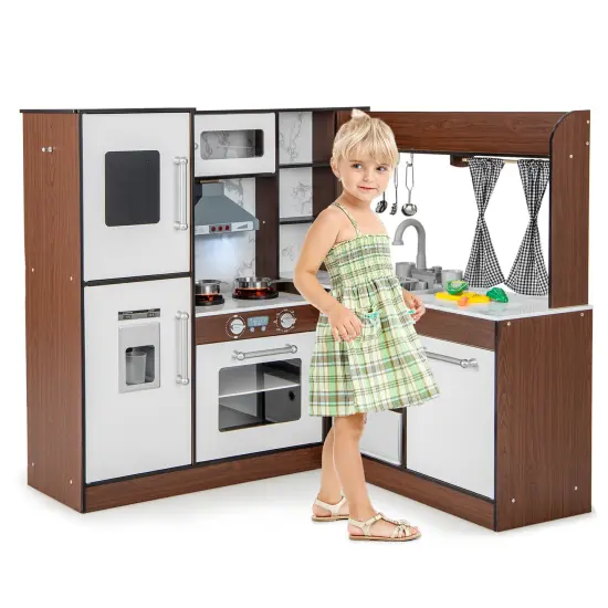 Wooden Corner Play Kitchen With Water Circulation System And Lights-Brown {5}