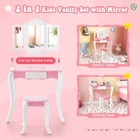 Kid's Wooden Vanity Table And Stool SetWith 3-panel Acrylic Mirror-White {6}
