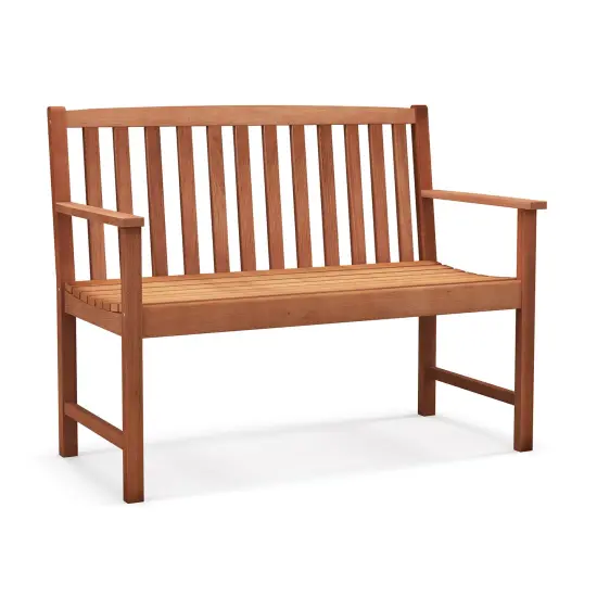 2-seat Patio Wood Bench with Cozy Armrests and Slatted Backrest {1}