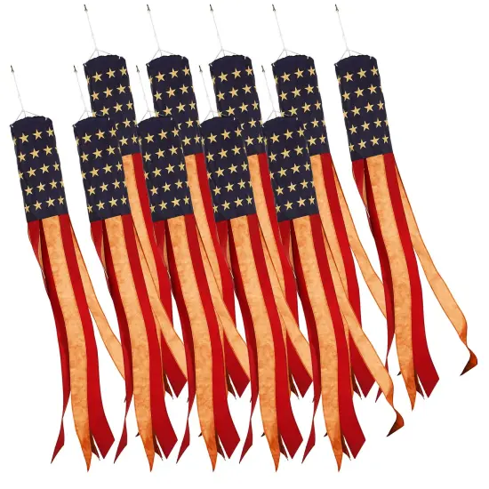 G128 10 Pack: American USA Tea-Stained Windsock | 60 Inch | Embroidered 420D Polyester | Patriotic Decor, Embroidered Design, Indoor/Outdoor, Brass Grommets {1}