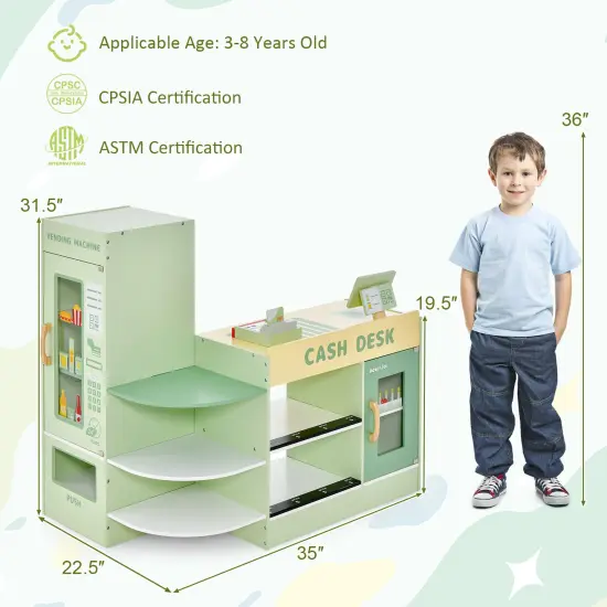 Kids Wooden Supermarket Play Toy Set With Checkout Counter-Green {5}