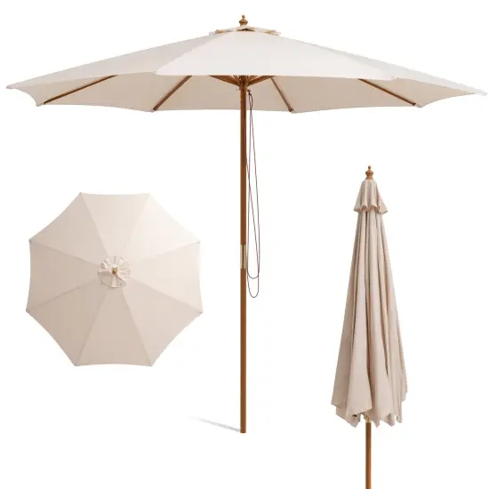 10 Feet Patio Umbrella With 8 Wooden Ribs And 3 Adjustable Heights-beige {4}