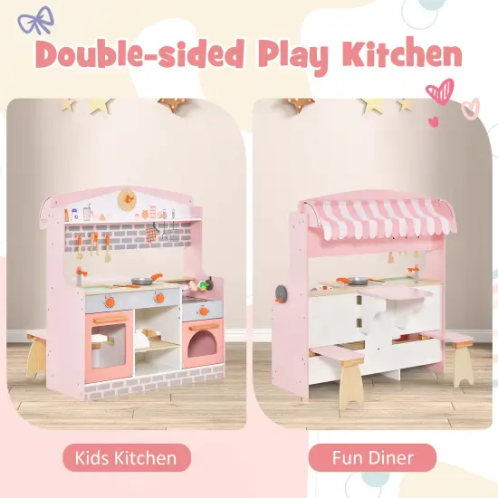 Double-sided Kids Play Kitchen Set With Canopy And 2 Seats {6}