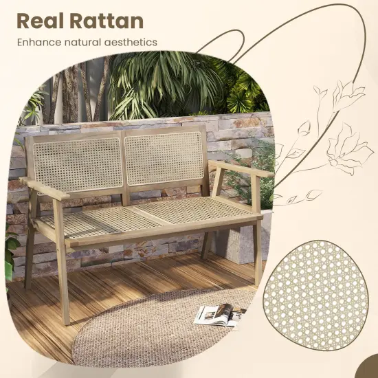 Indonesia Teak Wood Garden Bench With Armrests And Natural Rattan Backrest {6}