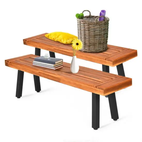 Acacia Wood Dining Bench Rustic Wood Outdoor Patio {3}