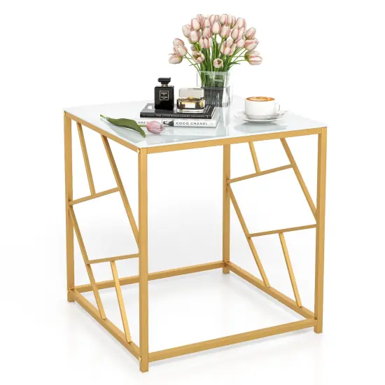 Square End Table With Tempered Glass Tabletop And Gold Finish Geometric Frame-golden {3}