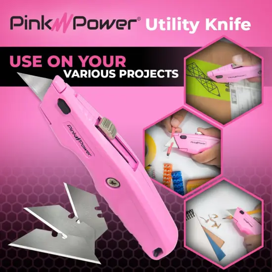 Pink Power Pink Box Cutter Retractable, Pink Utility Knife for Carpet, Box Cutter Knife Heavy Duty with 3 Blades and Storage Compartment - Box Opener Pocket Utility Pink Knife Tools for Women - 5 Pack {6}