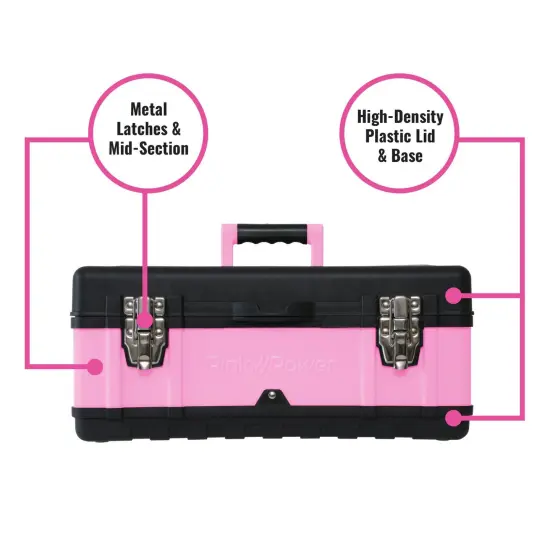 Pink Power Pink Tool Box for Women - 18" Small Metal & Plastic Portable Lightweight Pink Locking Empty Toolbox Chest - Craft Tote Storage Tool Case Organizer for Ladies Pink Tool Set Kit {2}