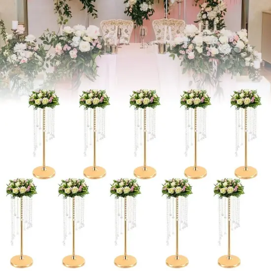10Pcs Crystal Flower Stands Vases 70cm Wedding Centerpieces Dining Table Gold {2}