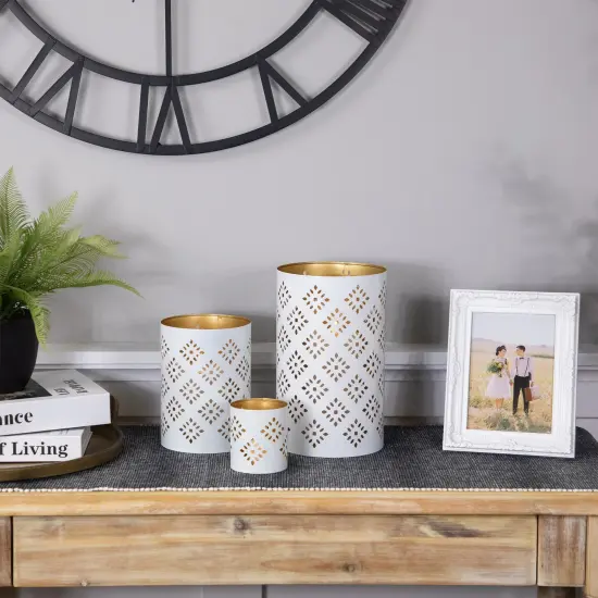 Northlight Laser-Cut Diamond Pattern Iron Candle Holders - 10" - White and Gold Finish - Set of 3 {3}