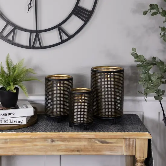 Northlight Iron Grid Pillar Candle Holders - 12" - Black and Gold Finish - Set of 3 {4}