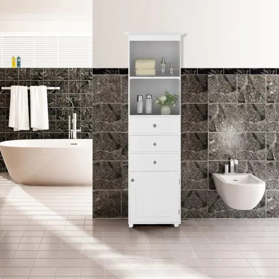 Tall Freestanding Storage Organizer Linen Tower, Vanity Closet, Bathroom Cabinet with 2 Open shelves, 3 Drawers, and a Closet Black {9}