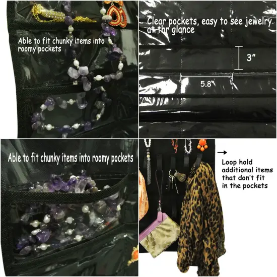 39 Pocket Black Polyester Hanging Jewelry Organizer with 28 Holding Loops {5}