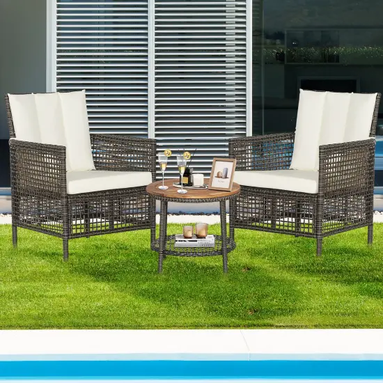 Costway Patiojoy 3PCS Patio Rattan Furniture Set Cushioned Sofas Wood Table Top W/Shelf {1}