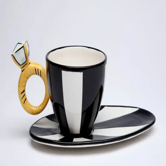 Ceramic Black And White Cup & Saucer with Diamond Ring, Gift for Her, Gift for Friend or Coworker, Tea Party D&eacute;cor, Wedding Decor {3}