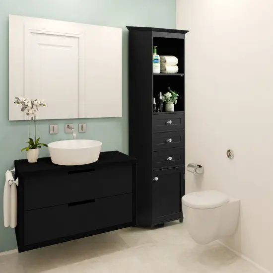 Tall Freestanding Storage Organizer Linen Tower, Vanity Closet, Bathroom Cabinet with 2 Open shelves, 3 Drawers, and a Closet Black {10}
