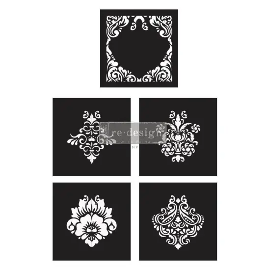Redesign With Prima Decor Stencils Cece - Mix & Style - Damask Elements - 5 pcs, 12"x12" sheet size each 655350657062 {1}