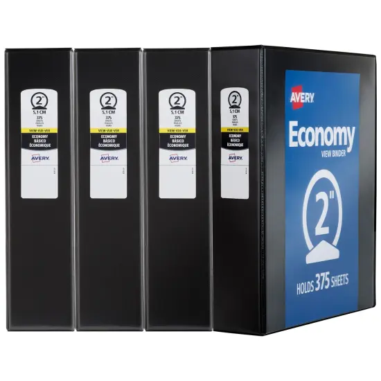 Avery Economy View 3 Ring Binders, 2" Round Rings, 4 Black Binders (19205) {1}