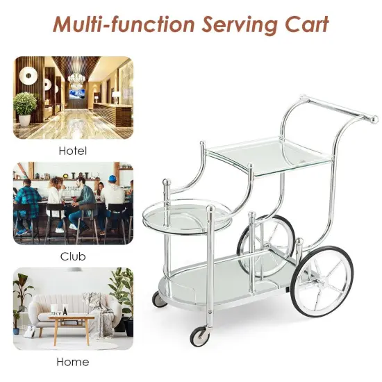 Kitchen Glass Shelves Metal Frame Serving Rolling Cart {5}