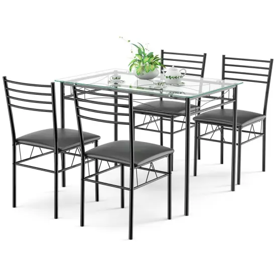 5 Pieces Dining Set Tempered Glass Top Table and 4 Upholstered Chairs {4}