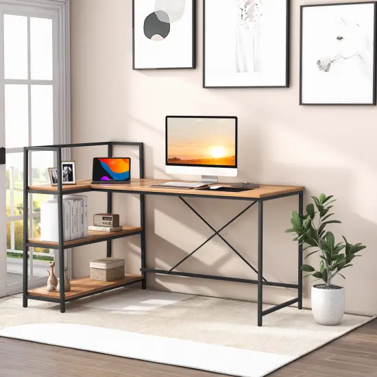 Costway Reversible L Shaped Computer Desk Corner Workstation with 3-Tier Open Shelf {2}