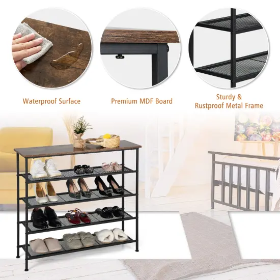 Rustic Brown Adjustable 5-Tier Metal Shoe Rack with 4 Shelves for 16-20 Pairs {6}