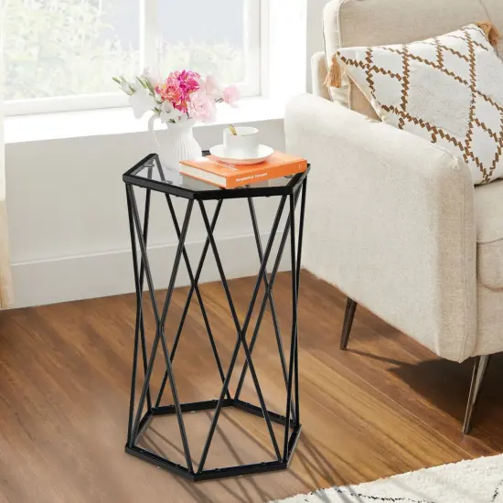 End Table Tempered Glass Top Metal Frame Hexagonal Accent Side Table Living Room {1}