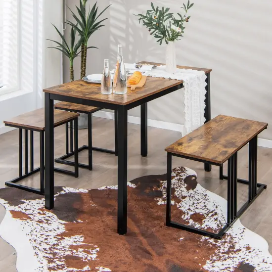 4 Pieces Industrial Dining Table Set with Bench and 2 Stools-Brown {1}