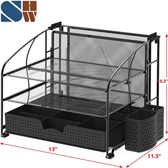 Simple Houseware Desk Organizer 3 Tray w/Sliding Drawer, Hanging File Holder and Pen Holder Accessory, Black {6}
