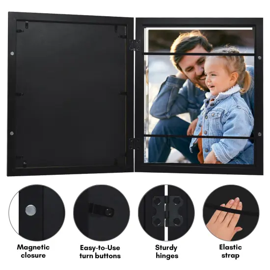 Americanflat Quick-Change Photo Storage Display Frame - Store up to 35 Pictures at Once with Elastic Strap Storage - Shatter Resistant Glass - Hanging Hardware - Includes Easel - Black {4}