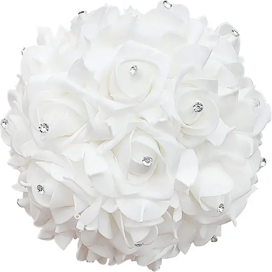 White Foam Rose Bridal Bouquet with Satin Ribbon Handle for Wedding & Party {4}