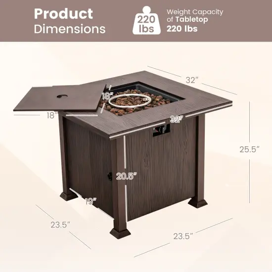 Costway 32'' Patio Square Fire Pit Table 50,000 BTU Propane Gas Table with Lid & Lava Rocks {3}