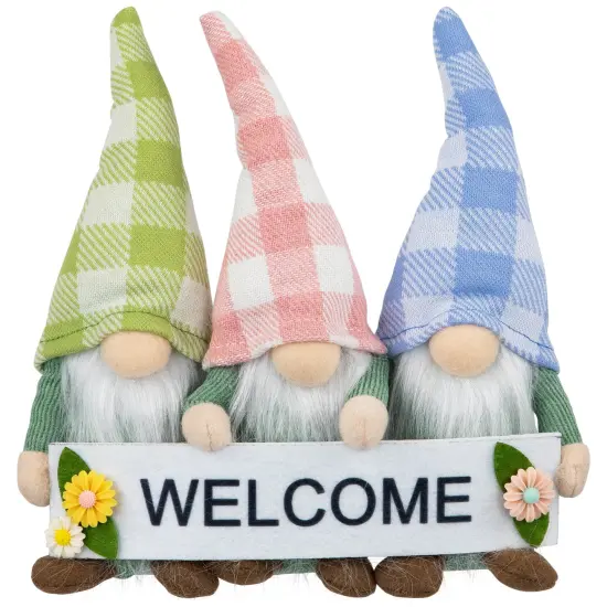 Northlight Gnome Trio with Welcome Banner Spring Table Decoration - 7" - Pastel Pink and Green {1}