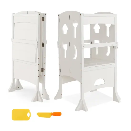 Costway Folding Kitchen Kids Step Ladder Stool Wooden Toddler Safety Tower Helper Coffee/White {8}