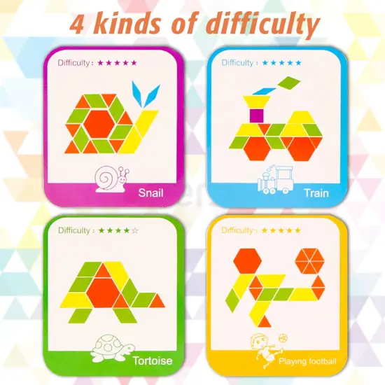 209 Pieces Wooden Pattern Blocks, Geometric Shapes Blocks Pattern Blocks with Cards Tangram Puzzles for Kids Educational Tangram Toys {6}