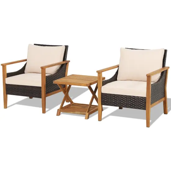 3 Pieces Patio Wicker Furniture Set with 2-Tier Side Table and Cushioned Armchairs-Natural {3}