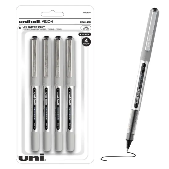 Uniball Vision Rollerball Black Pens Pack of 4, Fine Point Pens with 0.7mm Medium Black Ink, Ink Black Pen, Smooth Writing Bulk Pens, and Office Supplies {1}