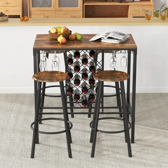 Costway 5PCS Bar Table & Stools Set Industrial Bistro Set with Wine Rack & Glass Holder {5}