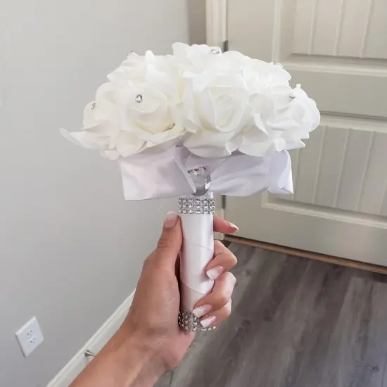 White Foam Rose Bridal Bouquet with Satin Ribbon Handle for Wedding & Party {3}