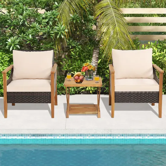 3 Pieces Patio Wicker Furniture Set with 2-Tier Side Table and Cushioned Armchairs-Natural {2}