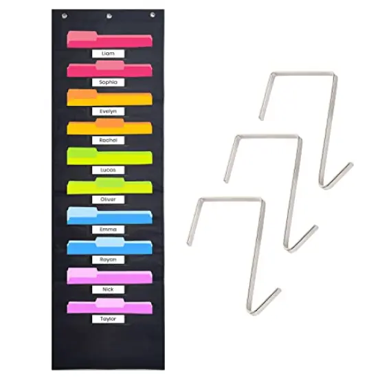 Black Pocket Chart for Classroom - 10 Pocket Storage Rainbow Pocket Charts , 3 Over Door Hangers Included, Hanging Wall File Organizer for File Folders, School Mailbox, Home/Office Papers {1}